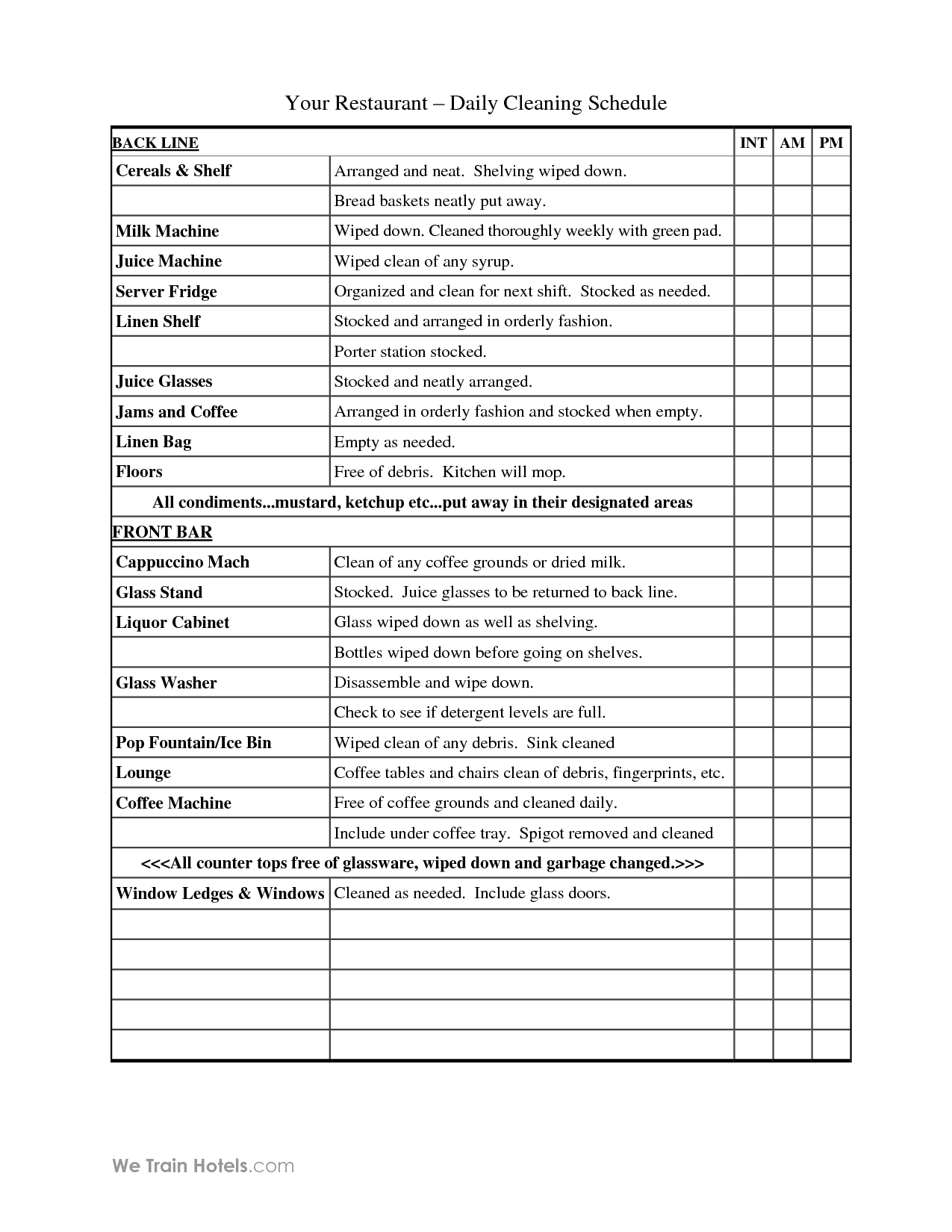 Cleaning Schedule Template For Restaurant Printable Schedule Template