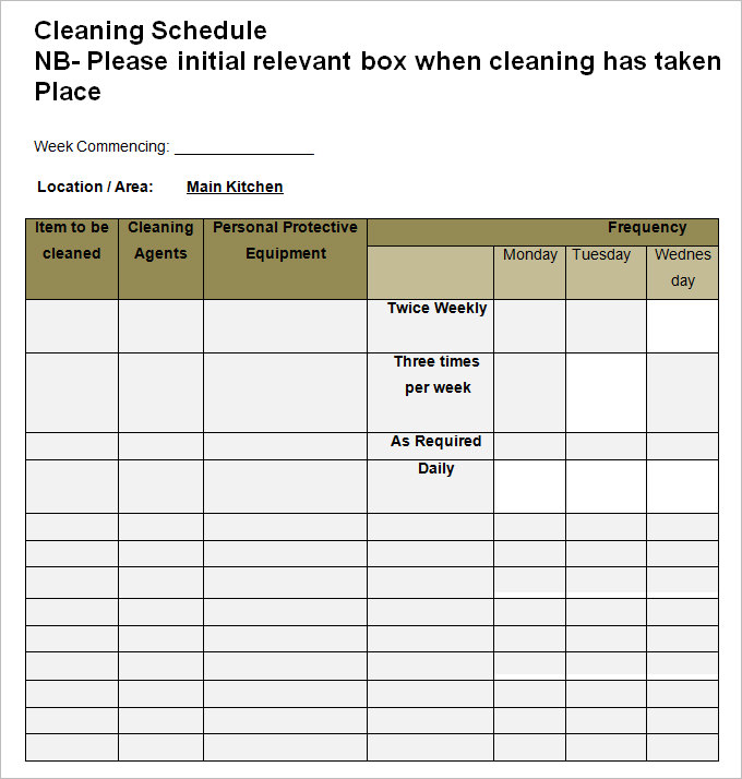 Cleaning Schedule Template Kitchen Printable Schedule Template