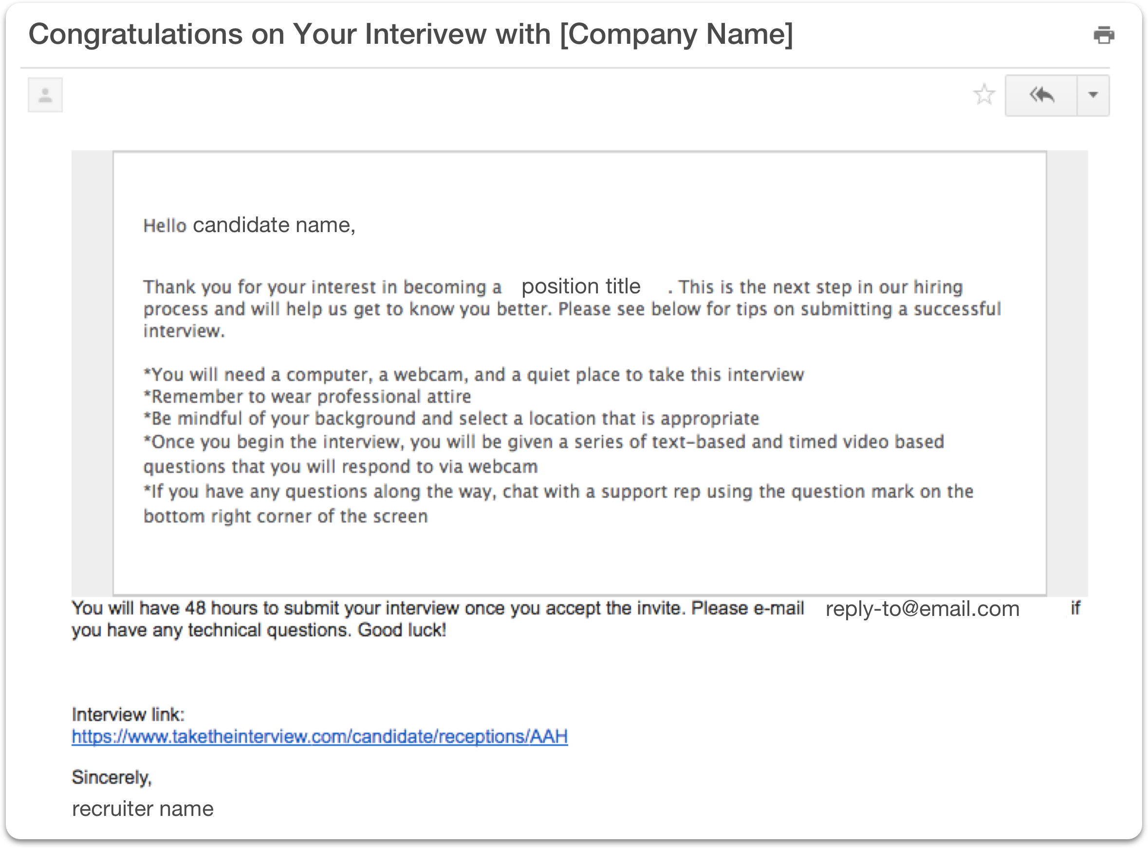 Zoom Interview Invitation Email Template