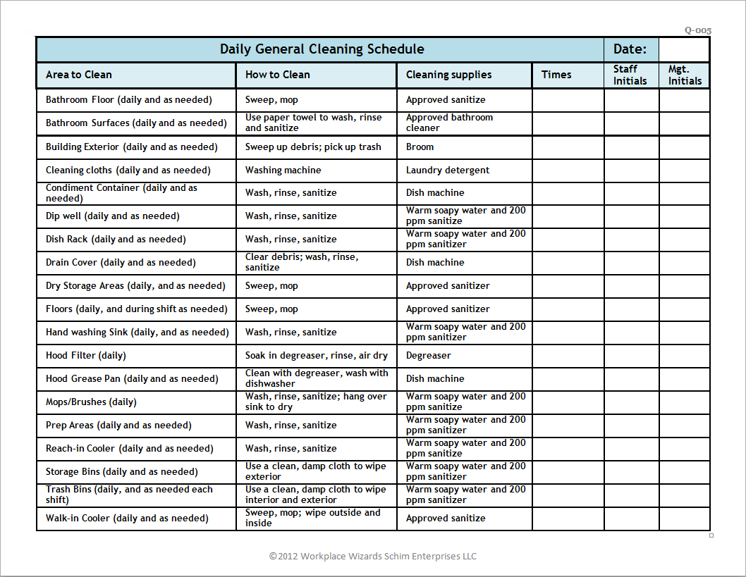 Cleaning Schedule Template For Cafe Printable Schedule Template