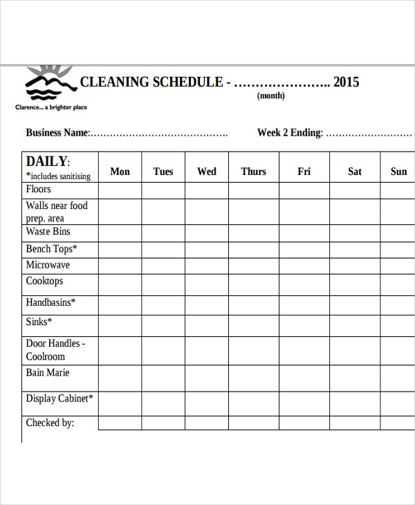 Cleaning Schedule Template For Restaurant Printable Schedule Template