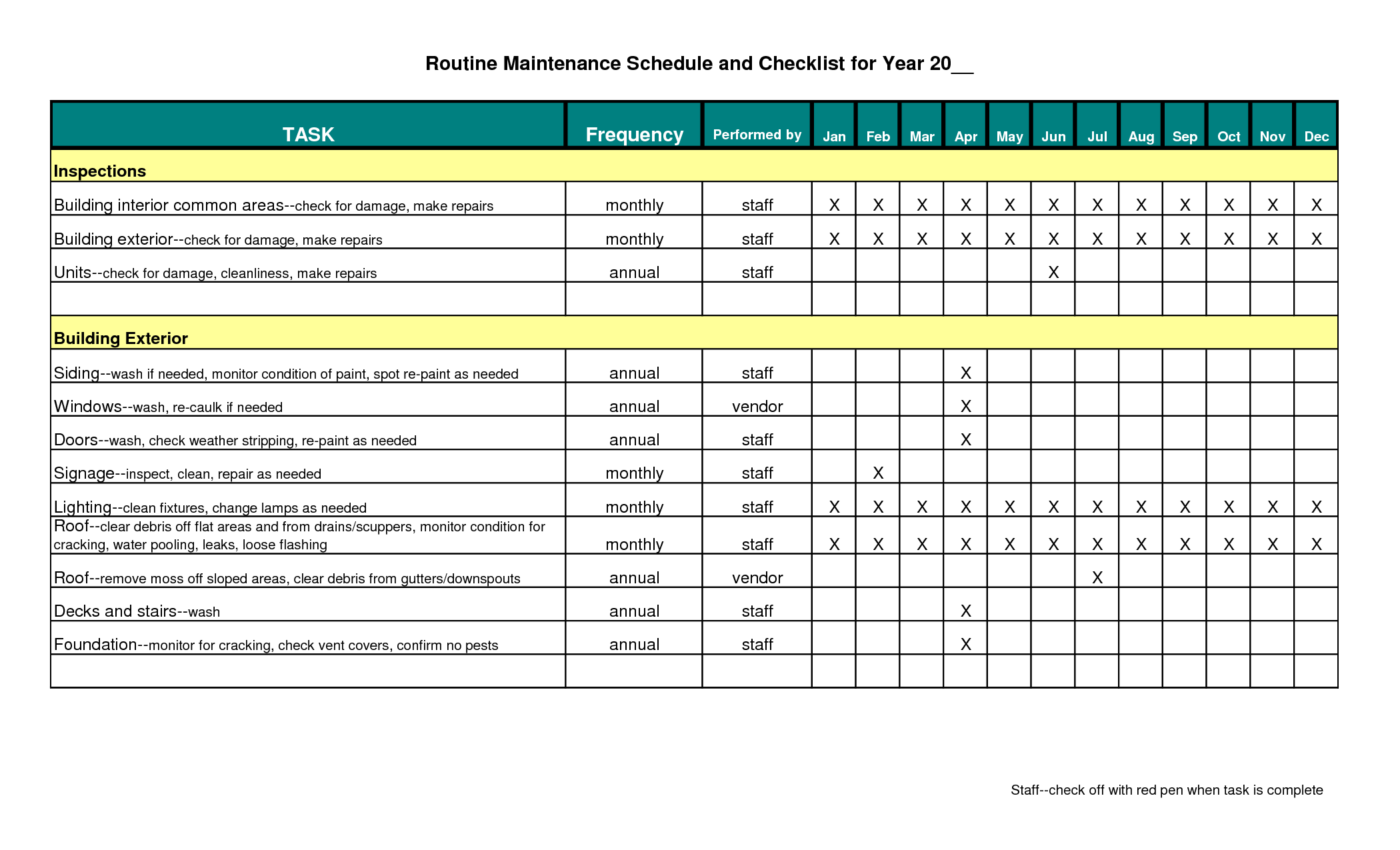 Facility Maintenance Schedule Excel Template Printable Schedule Template