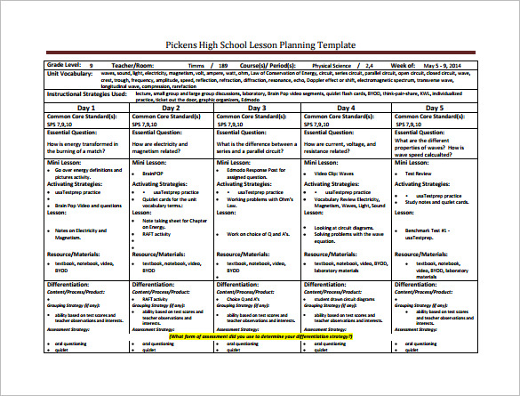 Lesson Plan Template For High School Printable Schedule Template