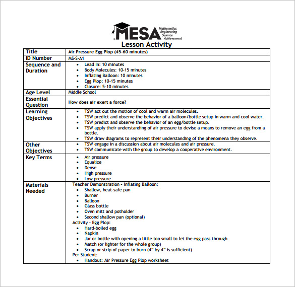 Lesson Plan Template For Middle School printable schedule template
