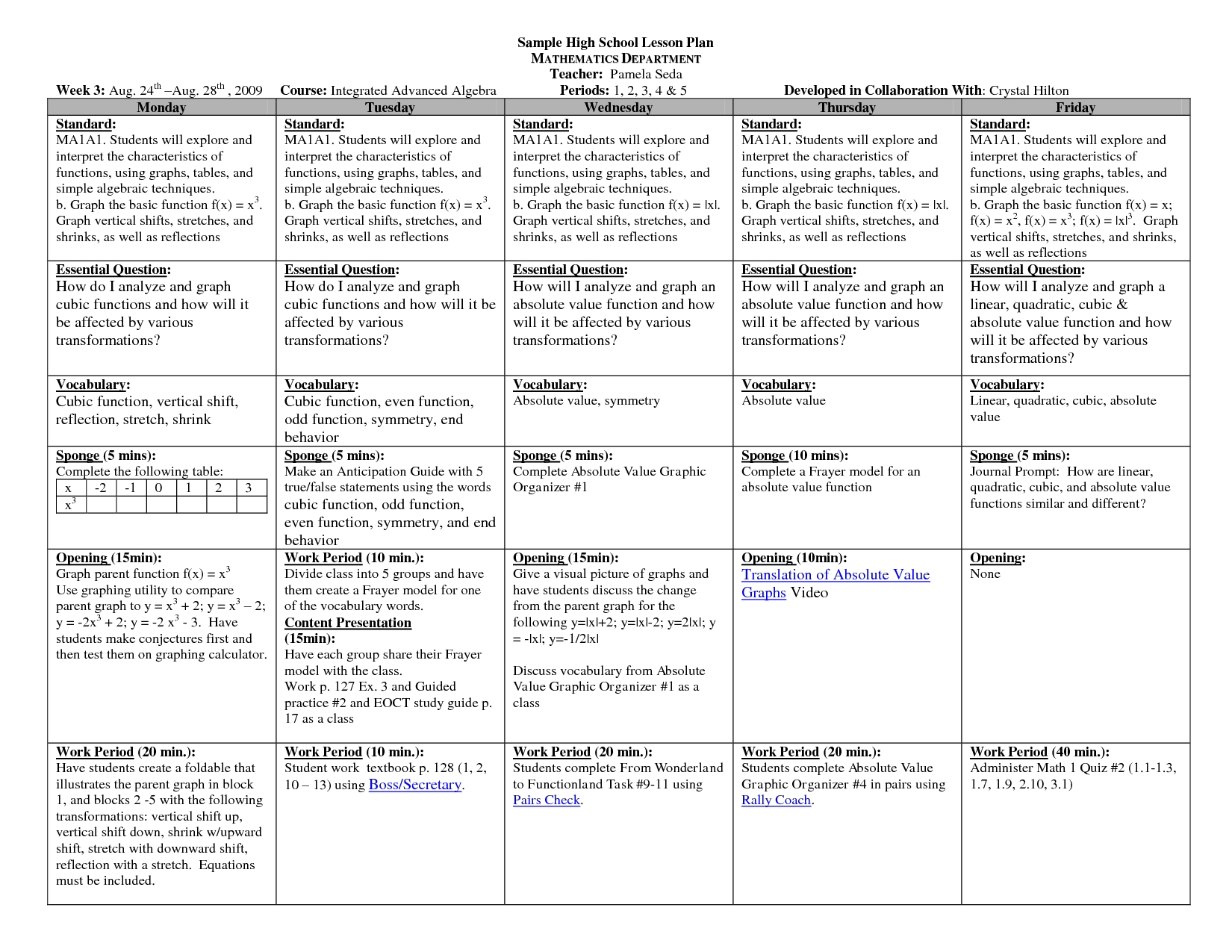 Lesson Plan Template High School Math Printable Schedule Template