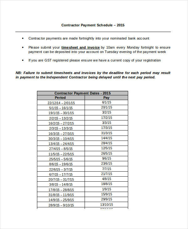 Payment Schedule Template Contract Printable Schedule Template