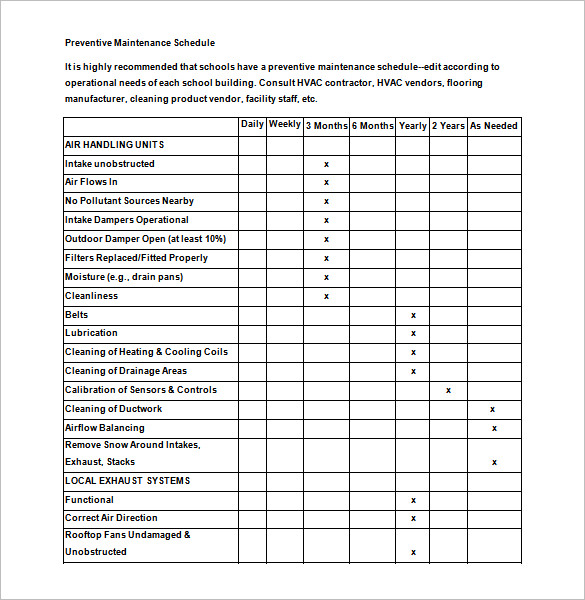 Preventive Maintenance Schedule Template Excel Printable Schedule 