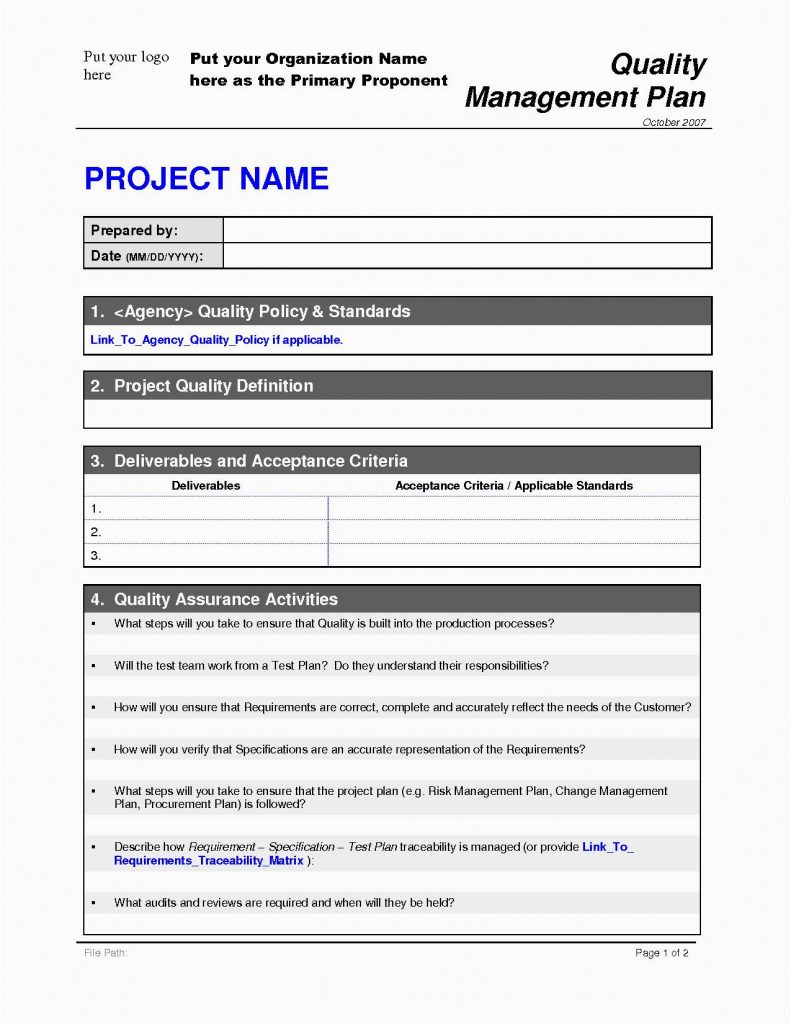 Quality Plan Template Project Management | printable schedule template