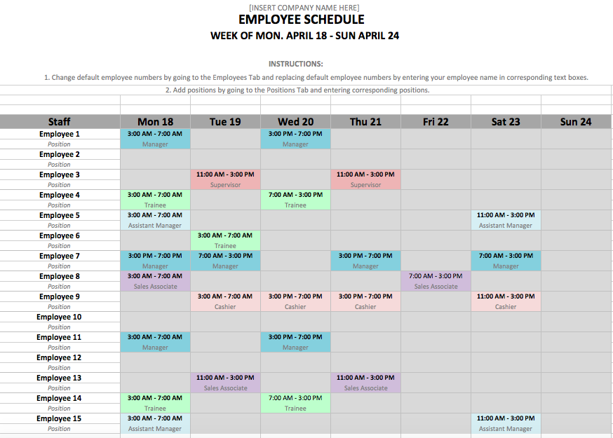 Weekly Employee Shift Schedule Template Excel Printable Schedule Template